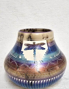 Ceramic Fine Etched Horsehair Pot with Dragonfly Navajo Made