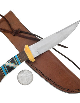 Navajo Inlaid Turquoise Knife With Fringed Leather Sheath