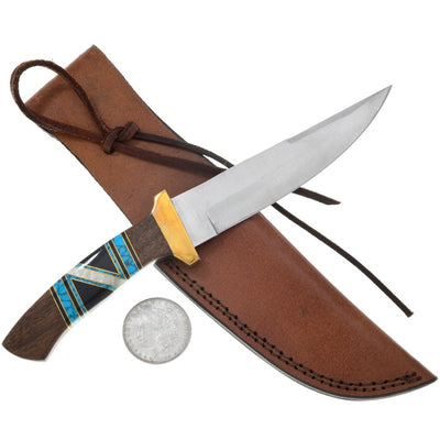 Navajo Inlaid Turquoise Knife With Fringed Leather Sheath
