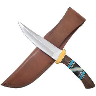 Navajo Inlaid Turquoise Knife With Fringed Leather Sheath