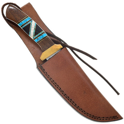 Navajo Inlaid Turquoise Knife With Fringed Leather Sheath