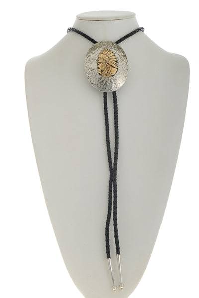 Navajo Hammered Silver Gold Indian Chief Bolo Tie