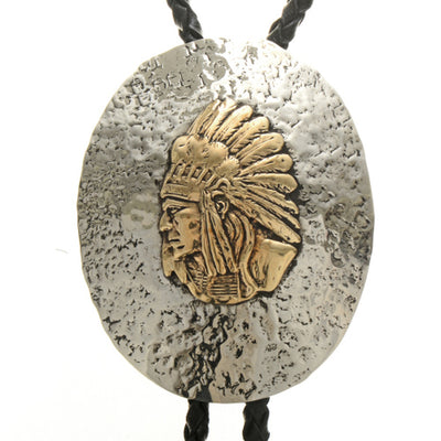 Navajo Hammered Silver Gold Indian Chief Bolo Tie