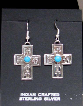 Native American Style Navajo Made Sterling Silver Cross Earrings with Turquoise