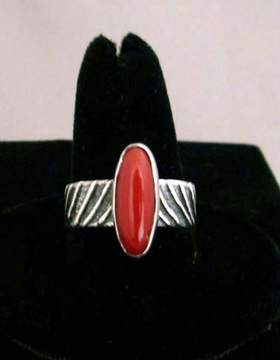 Native American Style Hopi Made Tufa Cast Sterling Silver Band with Coral