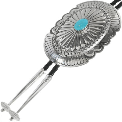 Navajo Turquoise Bolo Tie Hammered Silver Concho