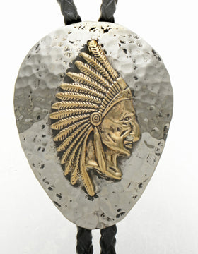 Native American Gold Silver Bolo Tie Indian Chief